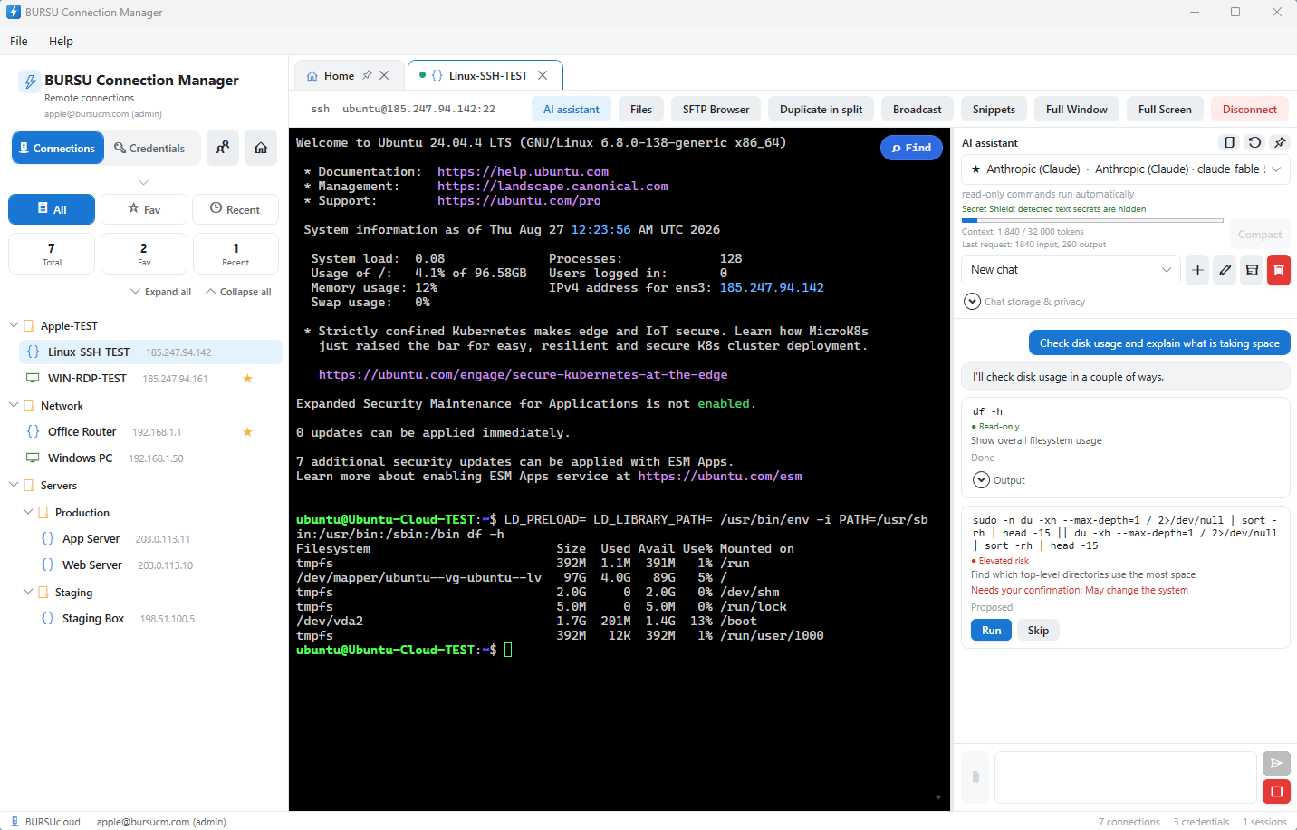 AI assistant panel beside an SSH terminal session
