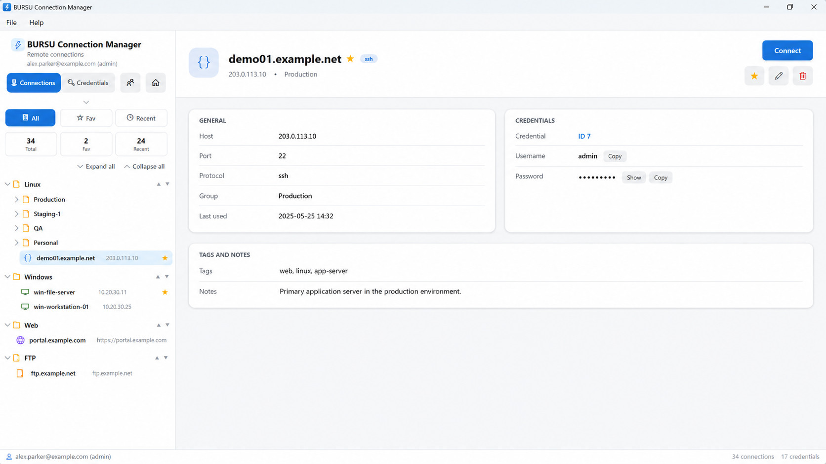 Connection detail dashboard for a saved host