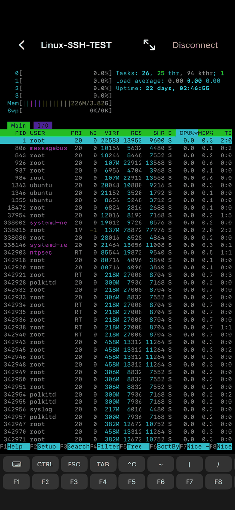 iPhone: SSH terminal running htop, with the extra key row on screen