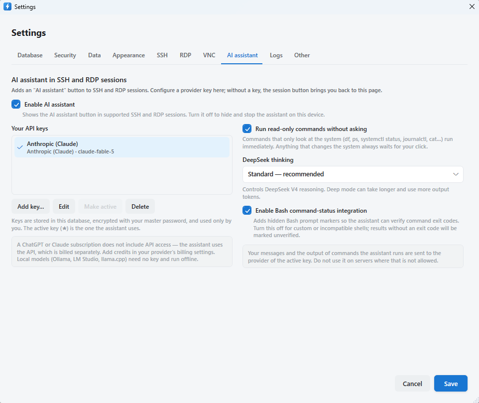 AI settings with provider keys and the switch that disables the feature