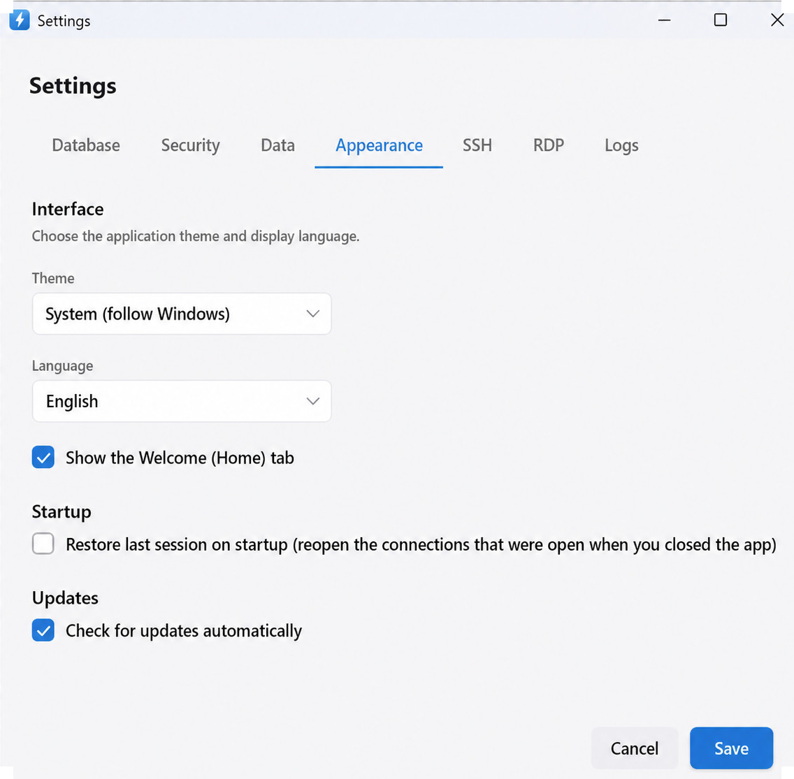 Appearance settings with theme, language, Welcome tab, session restore and updates