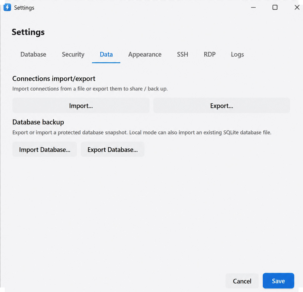 Data settings for import and export