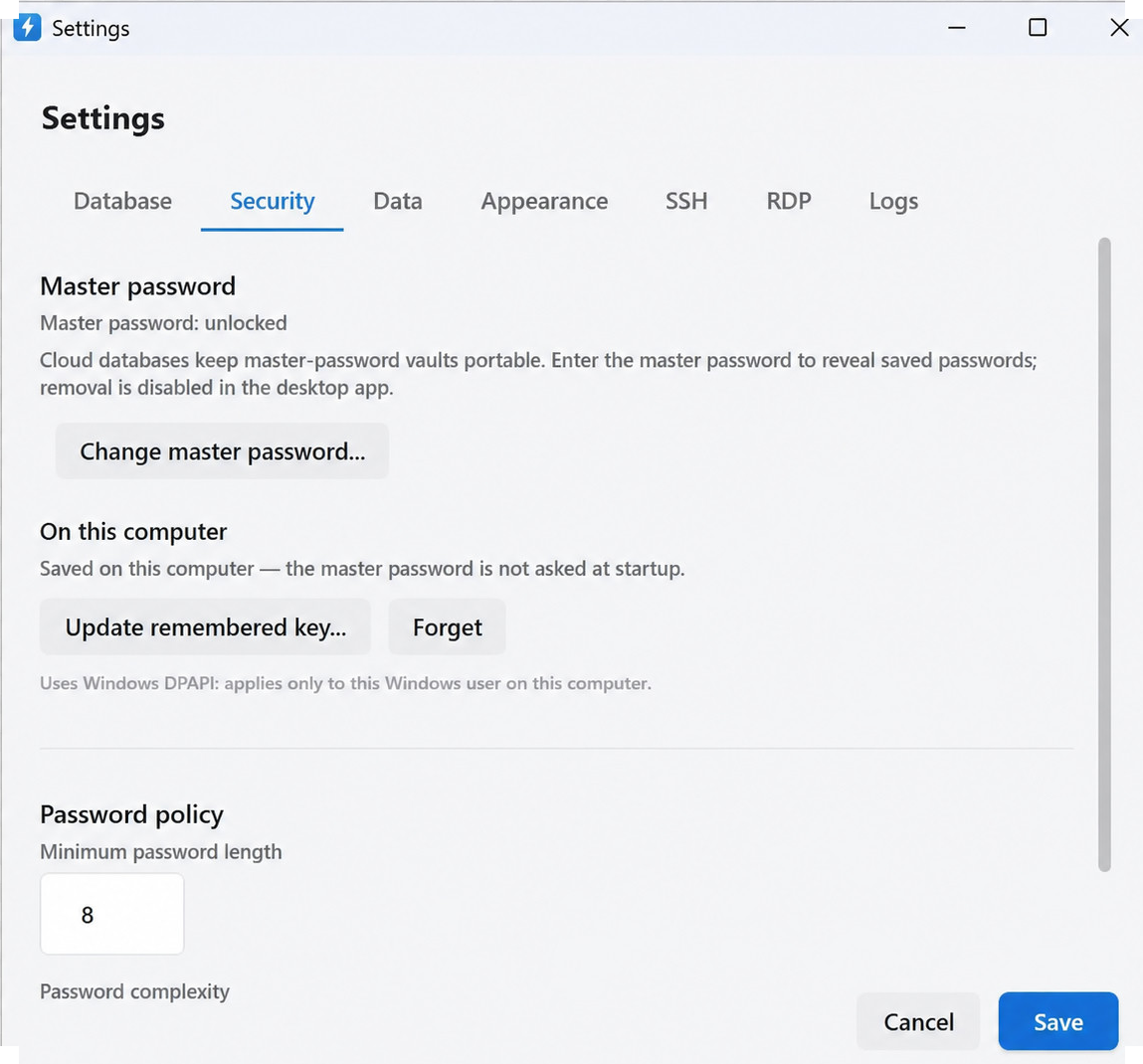 Security settings with master password options