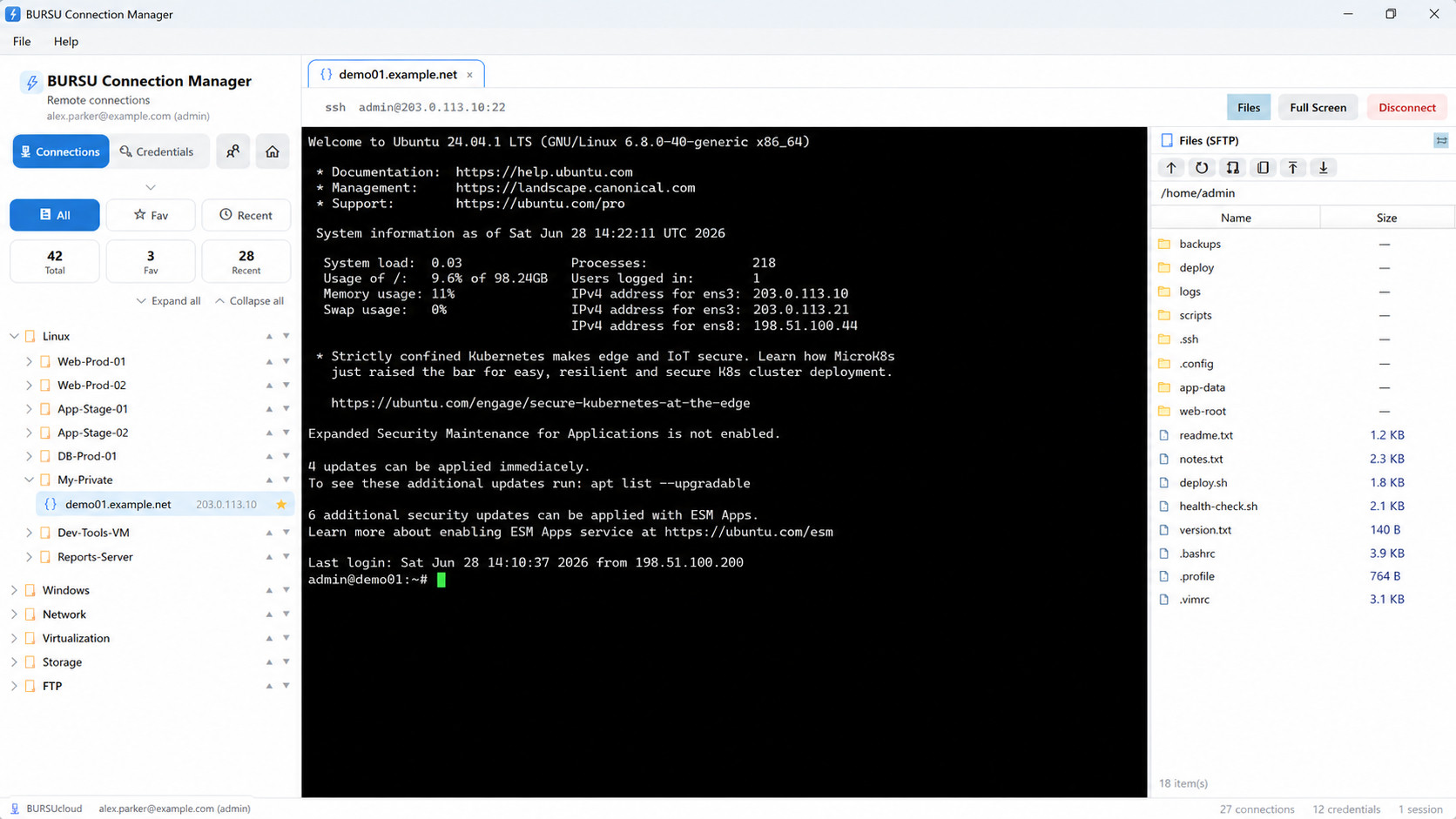 SSH terminal session with an SFTP file panel
