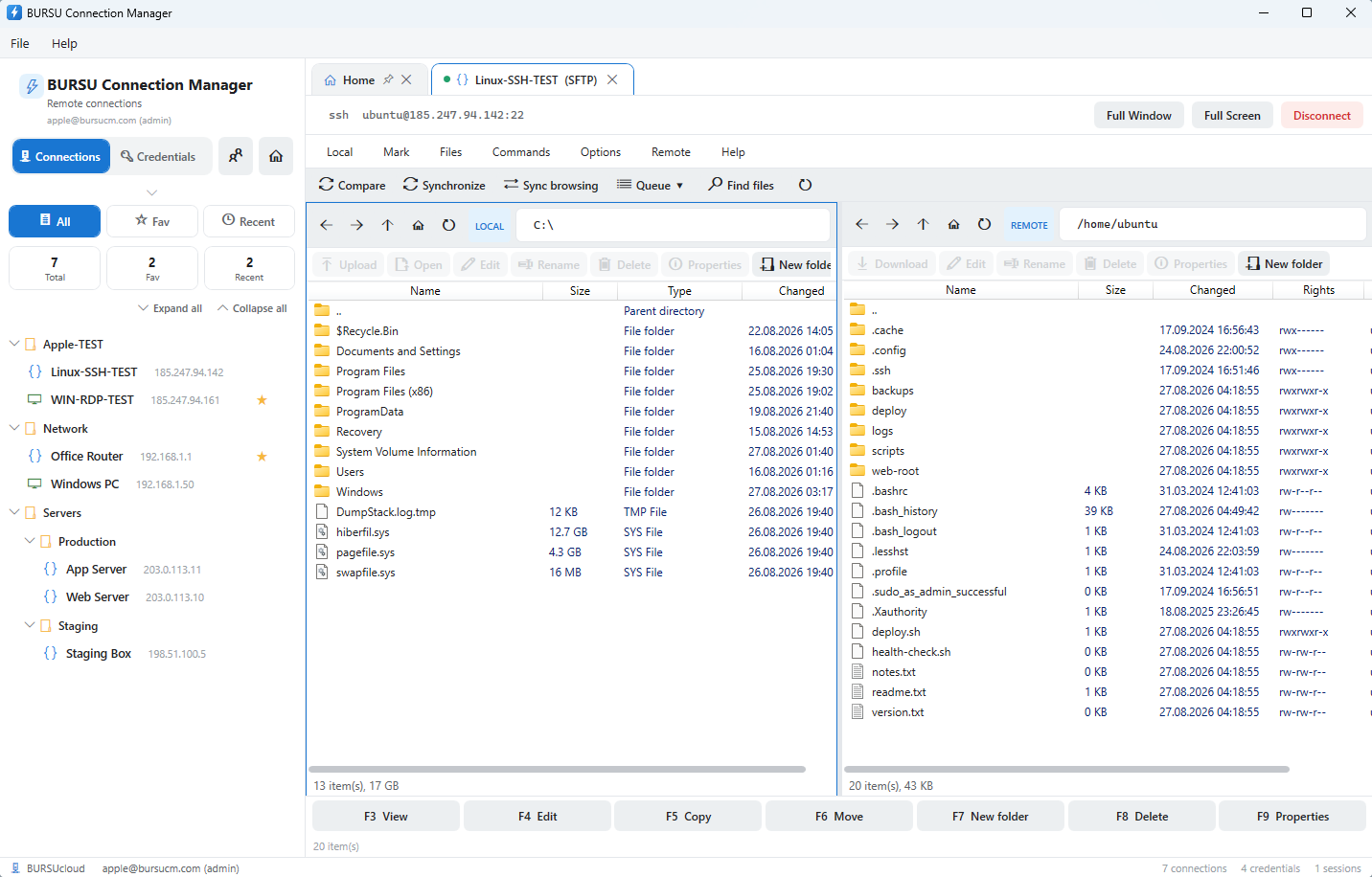 Two-pane SFTP file manager with a transfer queue