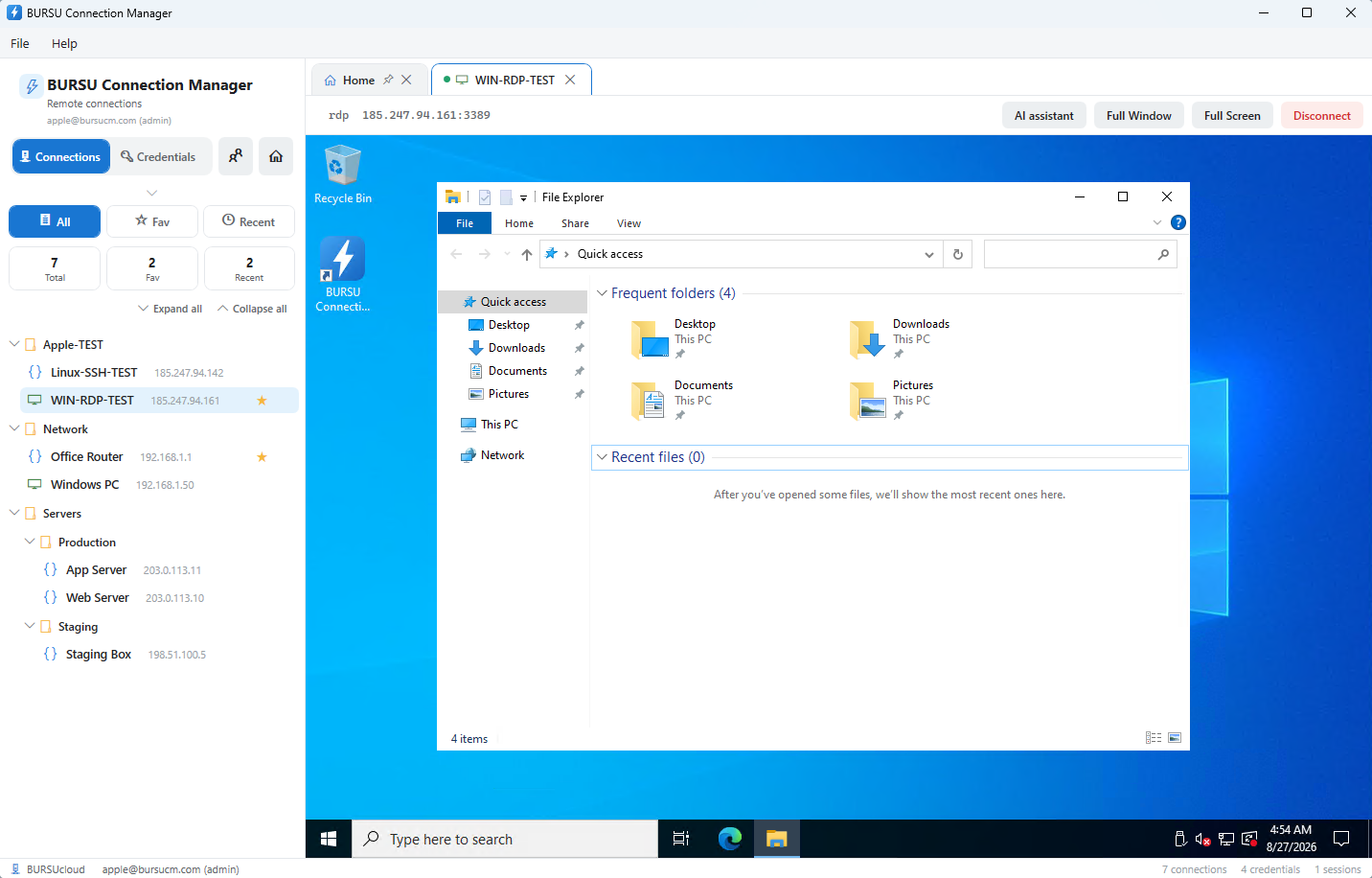 Windows remote desktop open in a BURSUcm tab