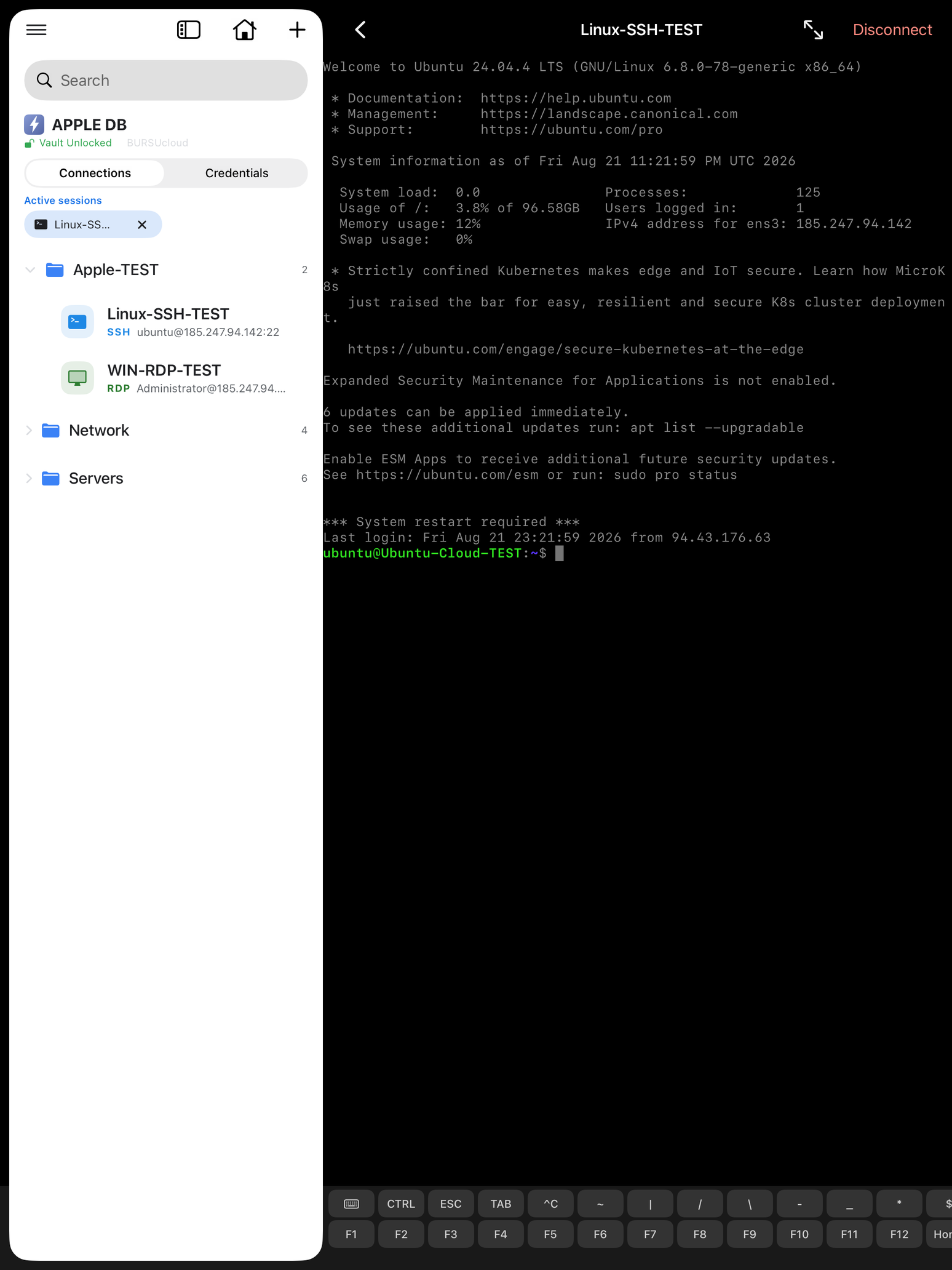 iPad: каталог поруч із живою SSH-сесією